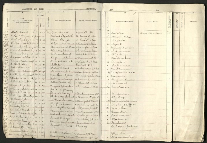 Archival image of a list of student names in the pupil's register from Essendon Primary School in 1914 