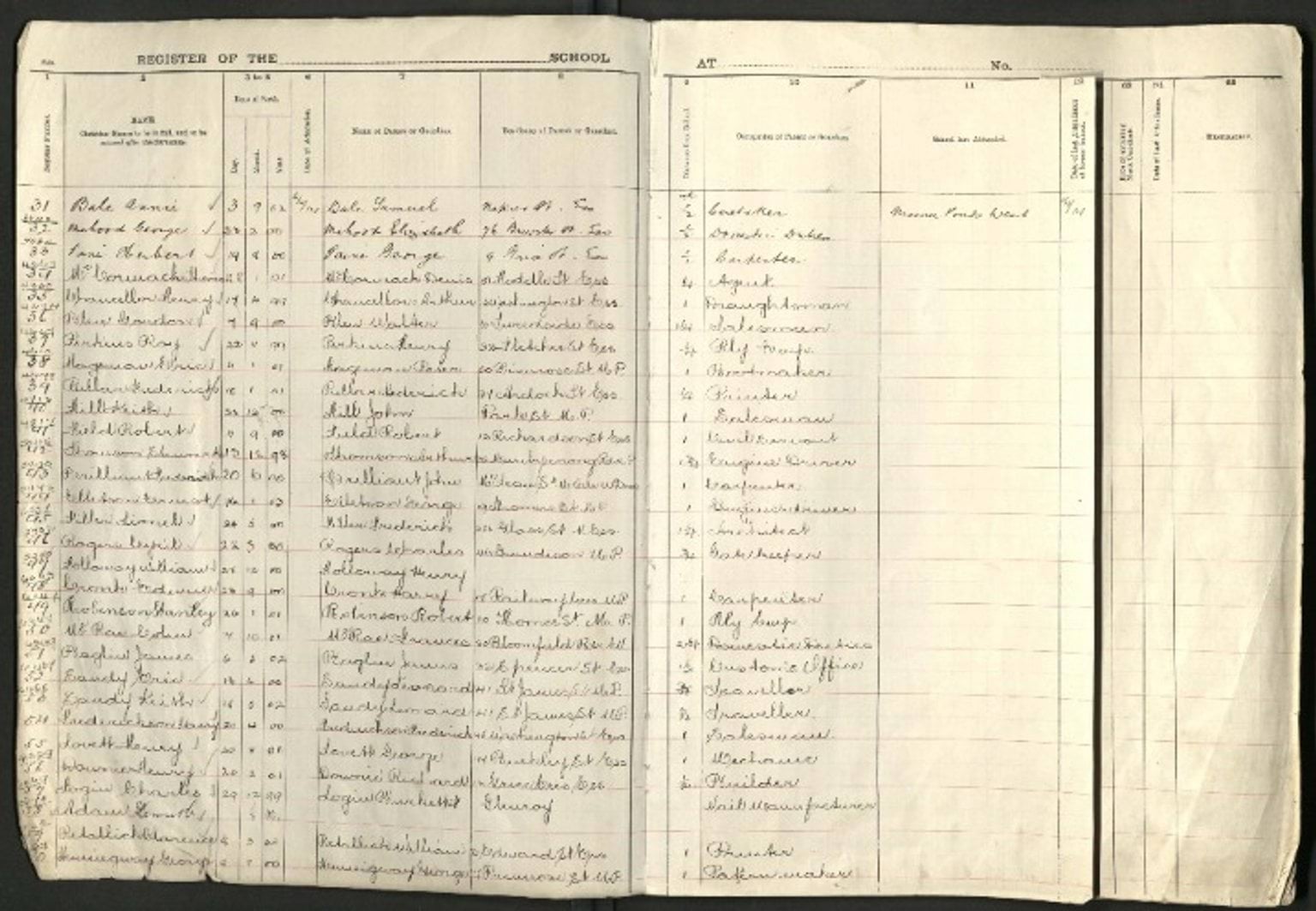 Archival image of a list of student names in the pupil's register from Essendon Primary School in 1914 