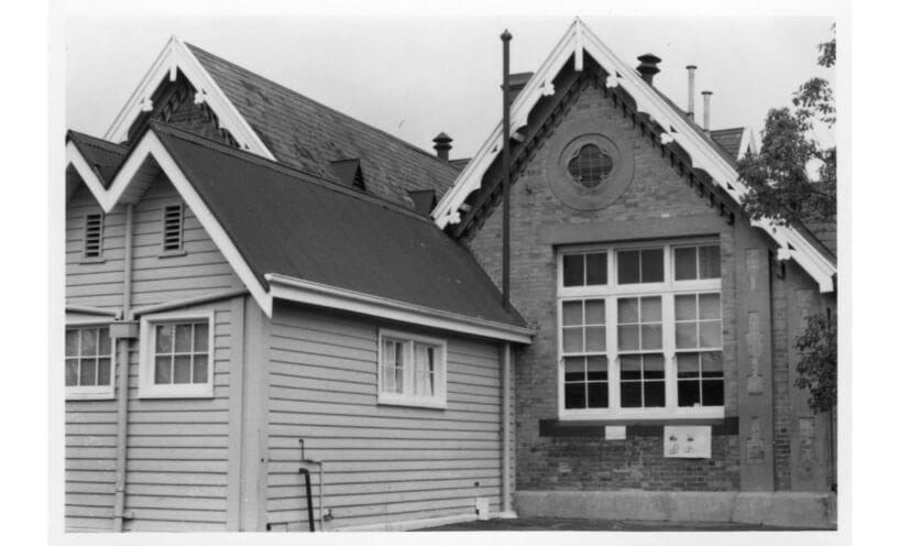 Burwood Primary School brick building with small weatherboard annex in 1981.