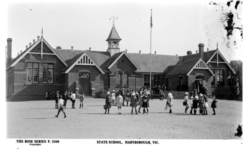 Students out front of Maryborough State School between 1920 and 1954.