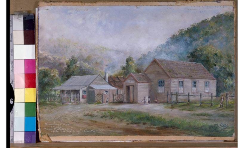 Oil painting of Running Creek State School and the Post Office painted in 1918 by William Rees.