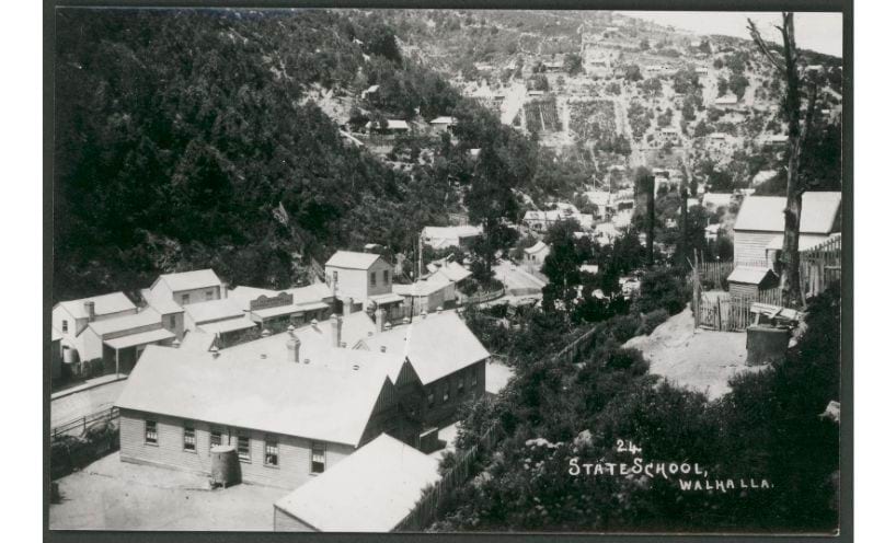 Elevated view of Walhalla State School looking down through the town, photo taken between 1920 and 1954.