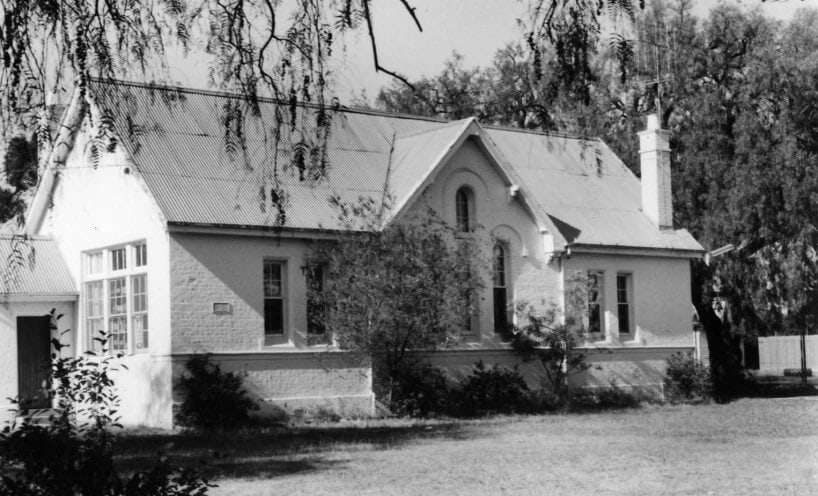 Black and white photograph of the Wahgunyah school building