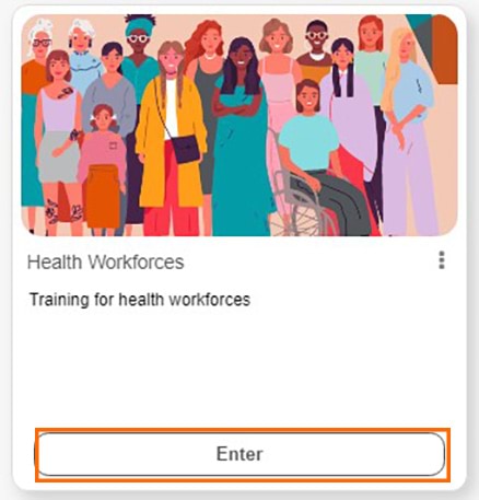 Screenshot of the Health Workforces tile in the Information Sharing and MARAM Online Learning System. Click Enter to see all the courses for Health Workforces.