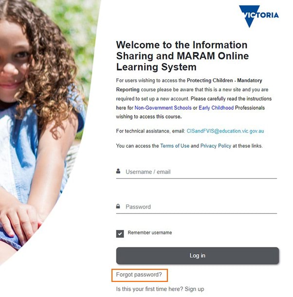 Screenshot of the Welcome to the Information Sharing and MARAM Online Learning System page, with the Forgot Password? link highlighted