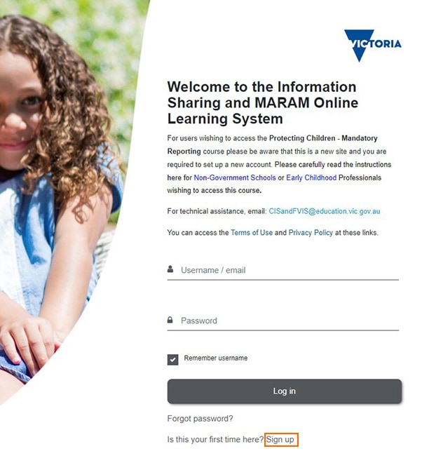 Screenshot of the Welcome to the Information Sharing and MARAM Online Learning System page, with the Sign Up link highlighted