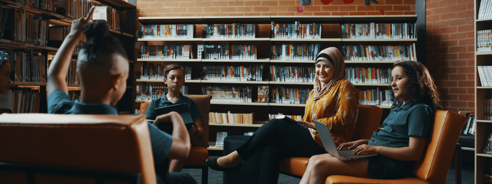 Teacher in library with students
