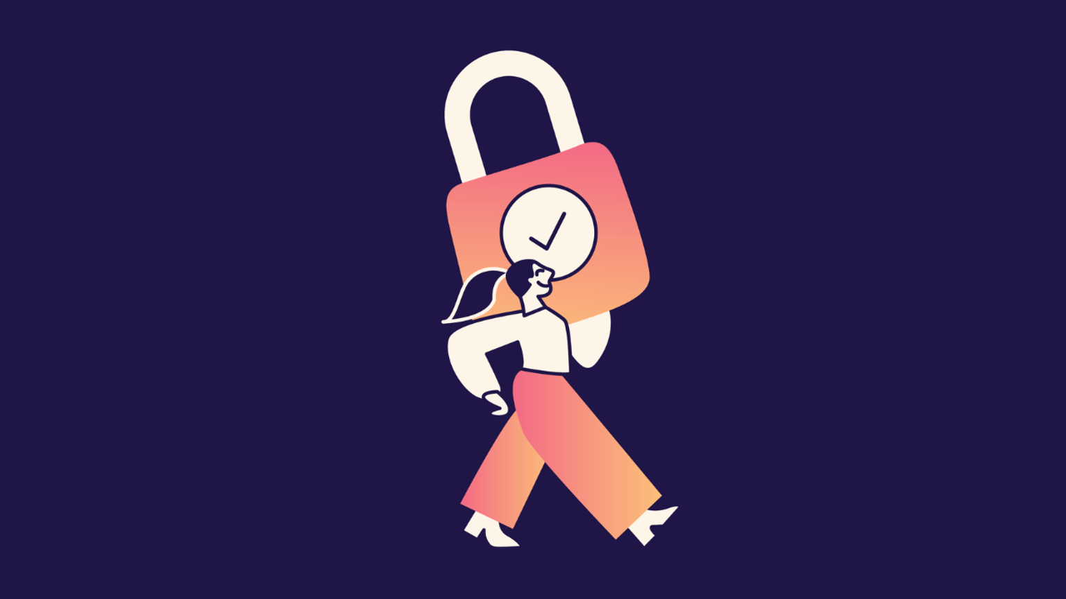 Image contains dark purple background with centred cartoon depiction of person carrying a padlock