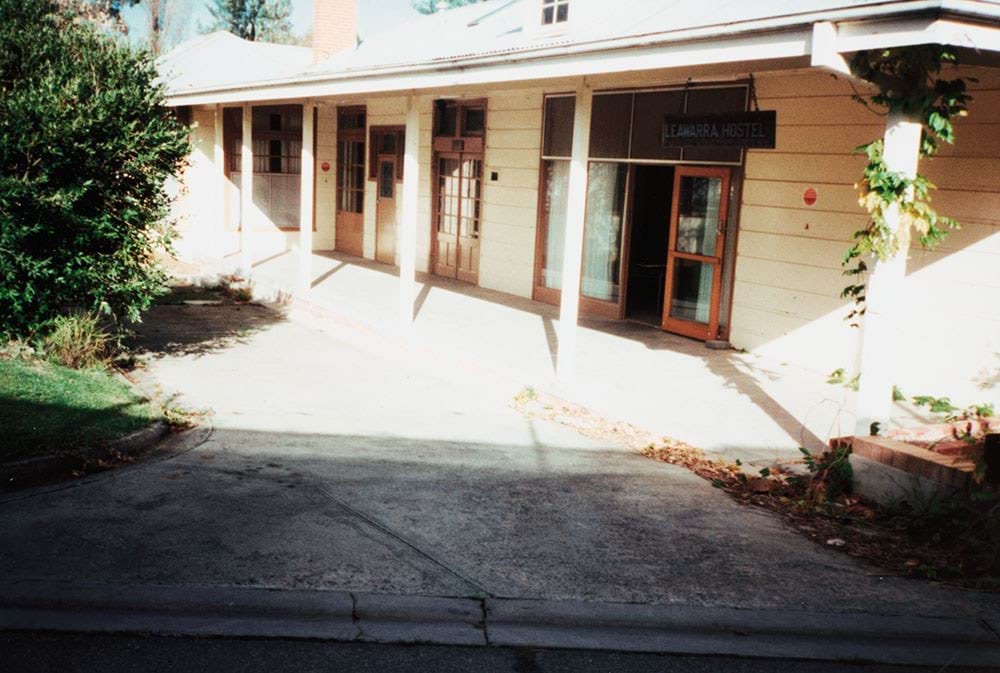 Photograph of the outside of Leawarra Hostel. A large single story building with a verandah.