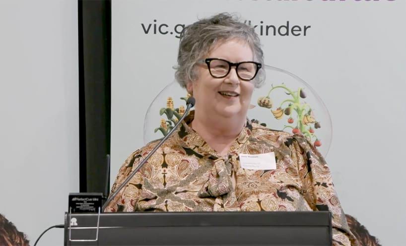Professor Joce Nuttall speaking from the dias at the third event in the series, Leading Change Together