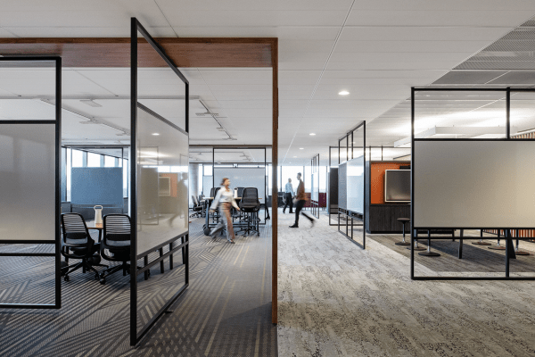 Image of the DTP Ringwood office, with meeting rooms and desks.