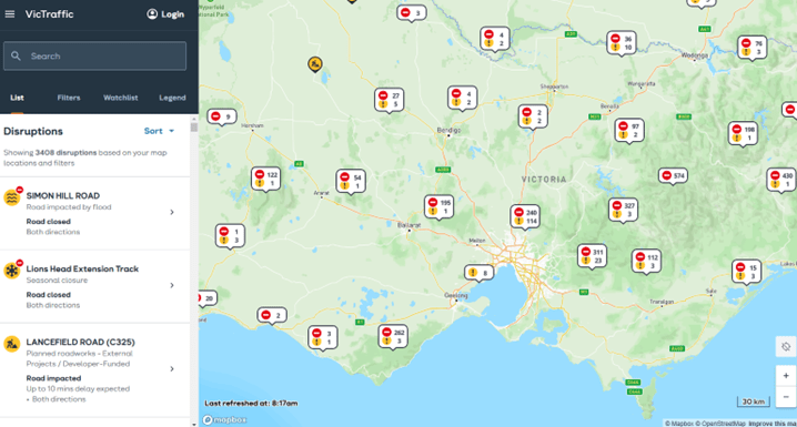 Image depicts the landing page for the VicTraffic website. There is a list of disruptions on the left hand side that can be toggled, and a map of Victoria with the disruptions pinned to their location.