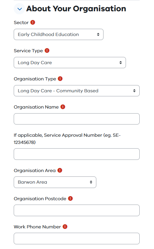 About Your Organisation section with fields to complete including service type, organisation type and name. Fields are filled with early childhood education, long day care and long day care - community based.