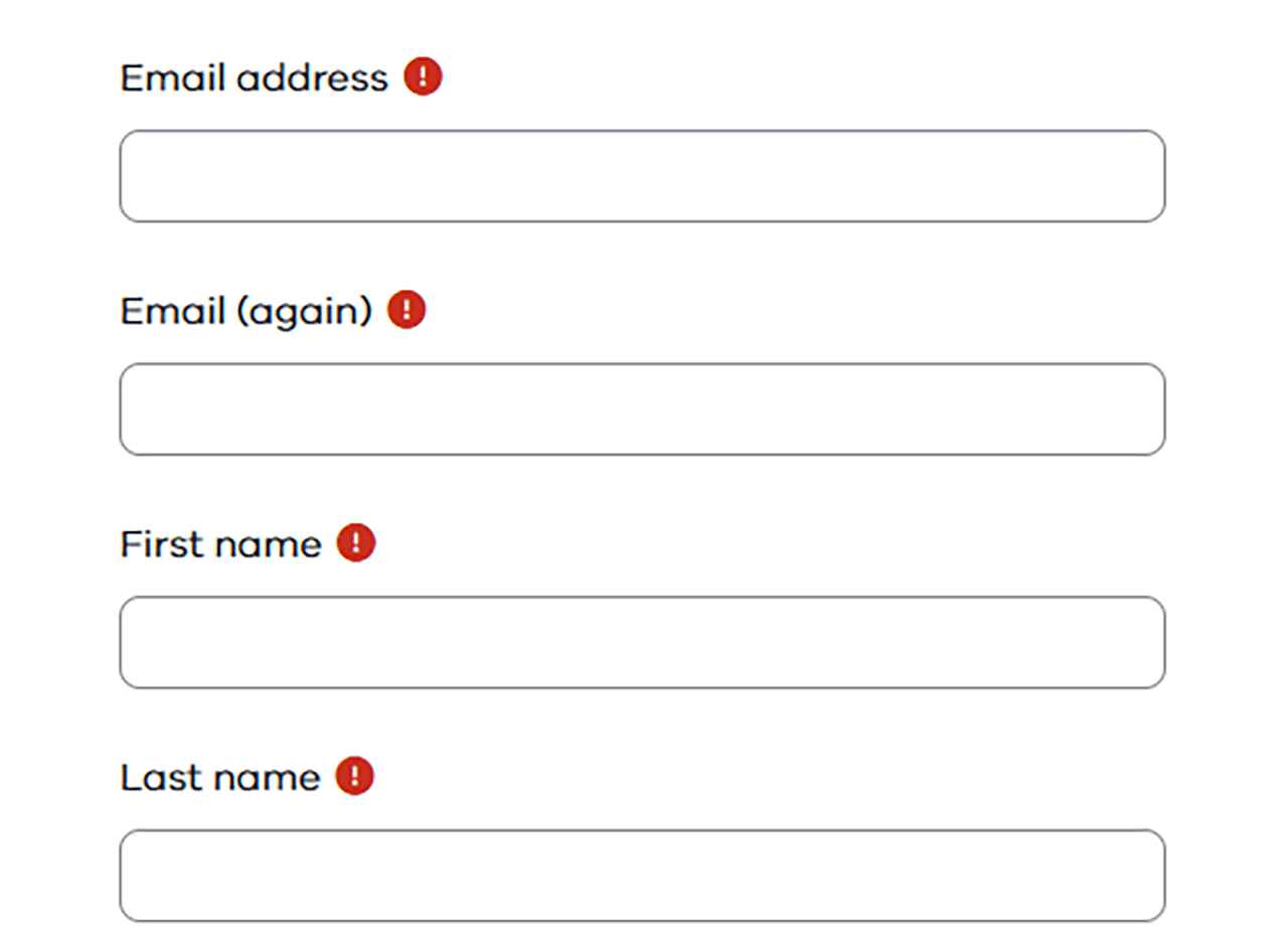 New Account creation page with 'email address' and 'First name' and Last name' fields.