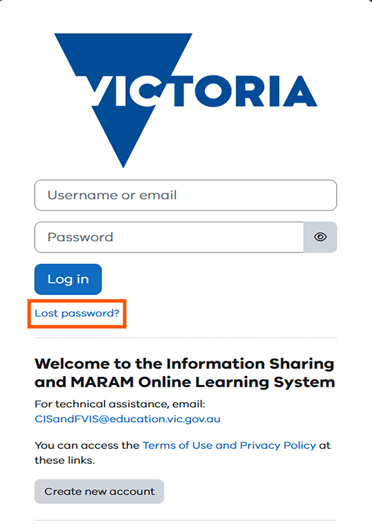 Information Sharing and MARAM Online Learning System login page with 'lost password' highlighted.