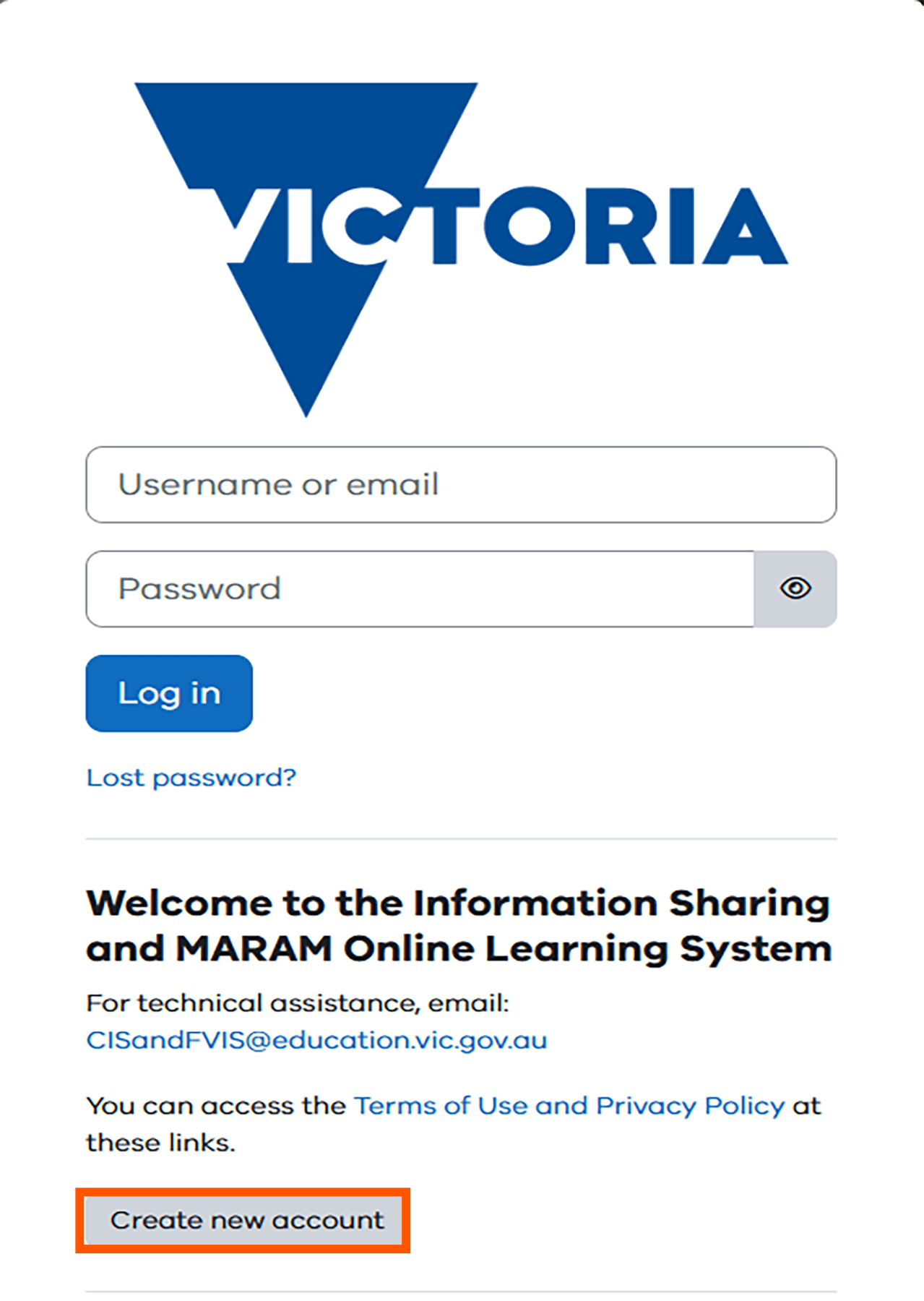 Information Sharing and MARAM Online Learning System login page with 'Create new account' highlighted.