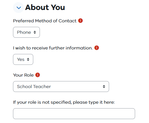 New Account page 'About You' section with 'School Teacher' selected under 'Your Role' field as an example.