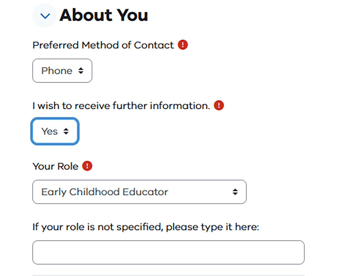 Information Sharing and MARAM Online Learning System about you page with contact and role fields with early childhood educator filled under your role. 