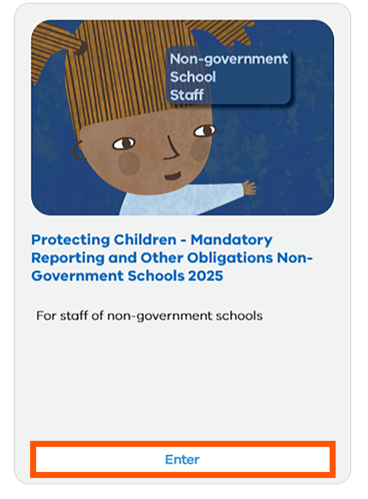 Mandatory Reporting and Other Obligations Protecting Non-government schools tile with blue background and illustration.