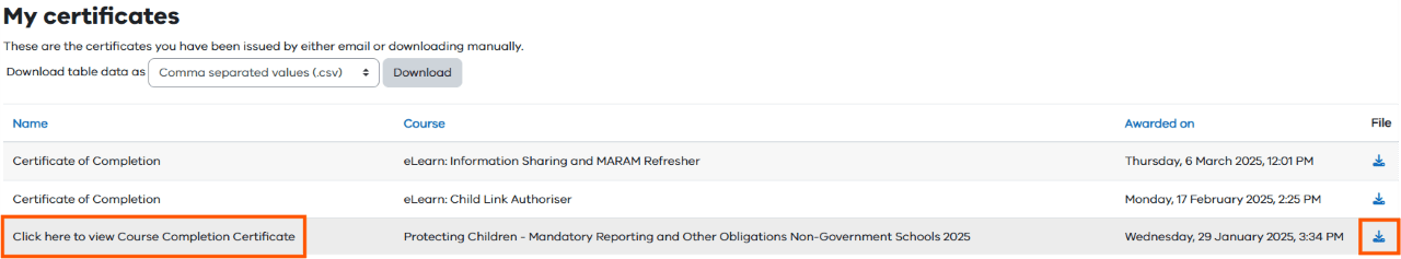 My certificates view with highlighted options to download and view course completion certificate.