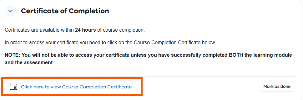 Certificate of Completion section on course Welcome page with link to view certificate.