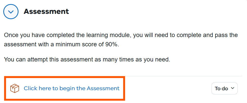 Assessment section on course welcome page with link to begin Assessment.