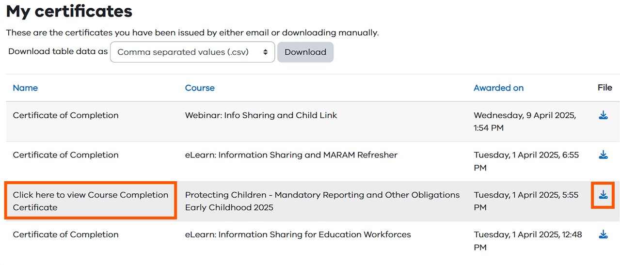 My certificates view with highlighted options to download and view course completion certificate.