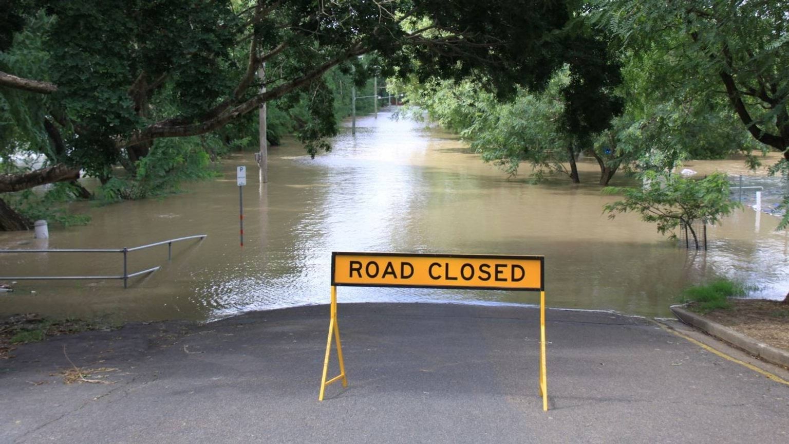 Road closed sign on a flooded street