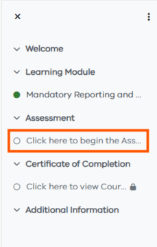 Course side menu with learning module completed and Assessment module highlighted. 
