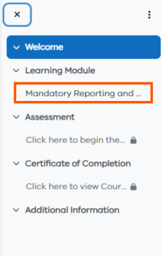 Course side menu with Mandatory Reporting learning module link highlighted. 