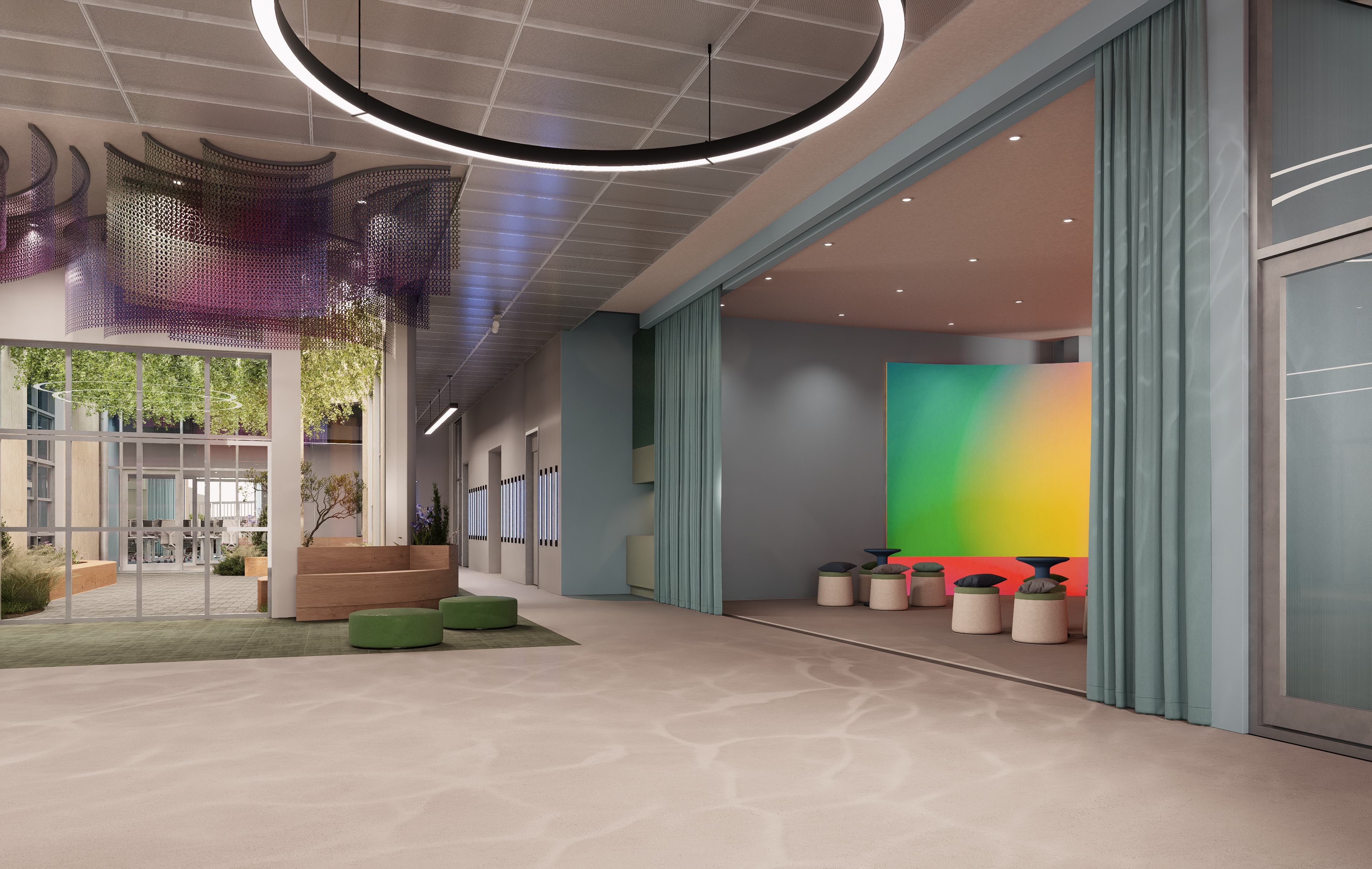 A bright and open multi-purpose area within Chisholm Scene (Interior 3) at Chisholm Institute Dandenong, featuring flexible seating arrangements