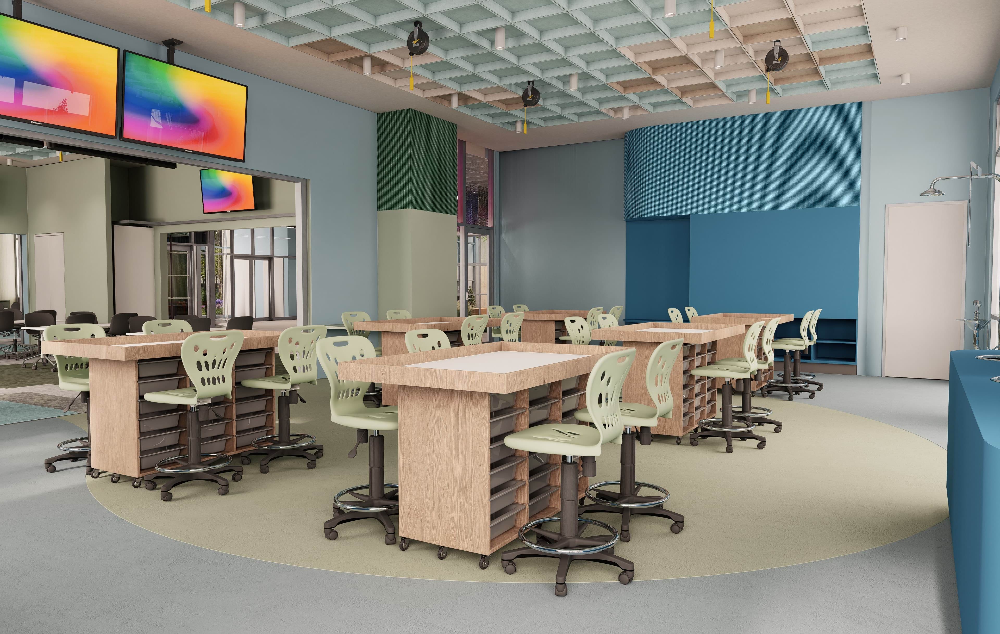 A bright and open multi-purpose area within Chisholm Scene (Interior 3) at Chisholm Institute Dandenong, featuring flexible seating arrangements