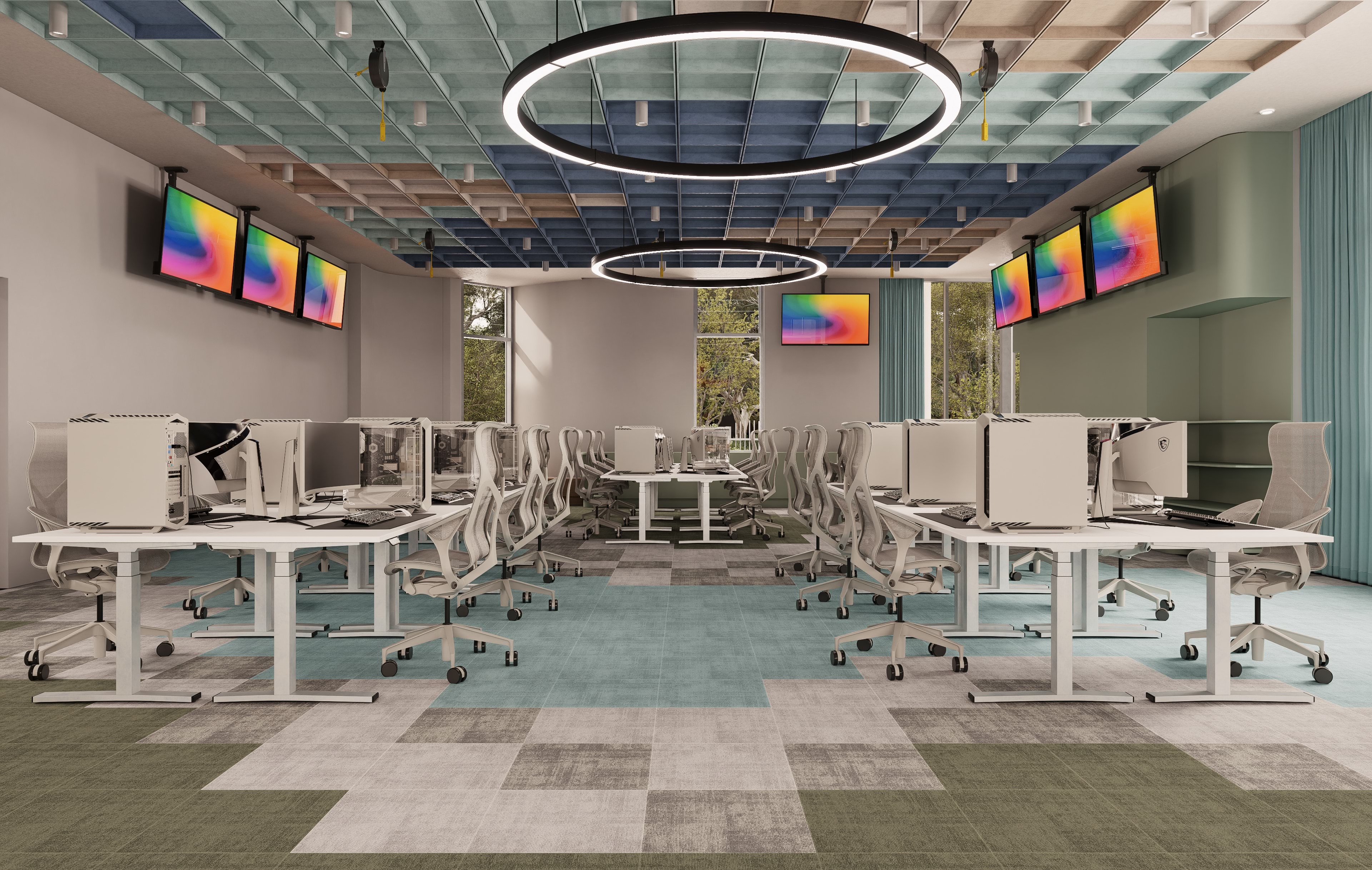 A bright and open multi-purpose area within Chisholm Scene (Interior 3) at Chisholm Institute Dandenong, featuring flexible seating arrangements