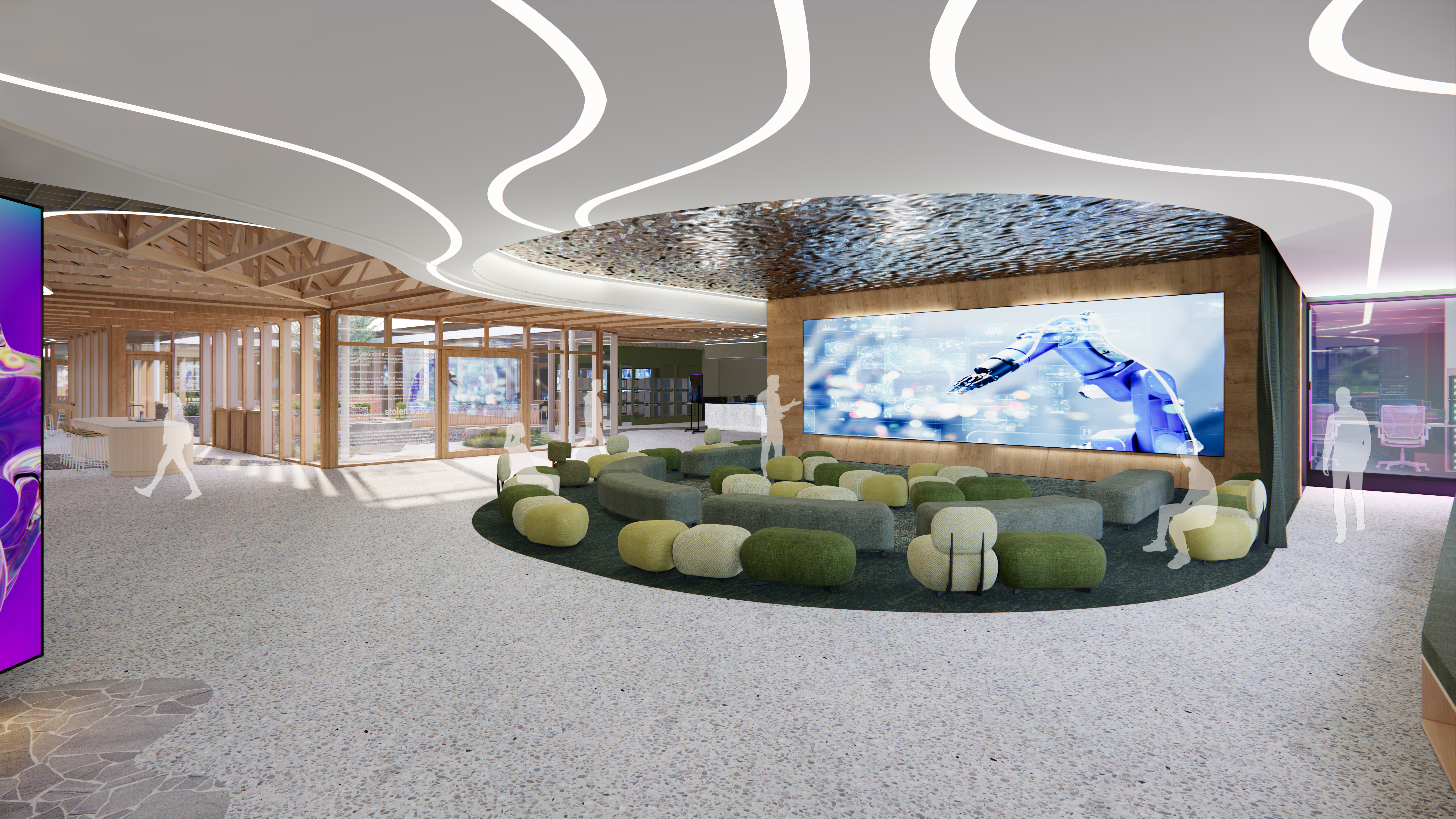 Interior view of a modern forum at the Brimbank Tech School, featuring tiered seating and a central presentation area