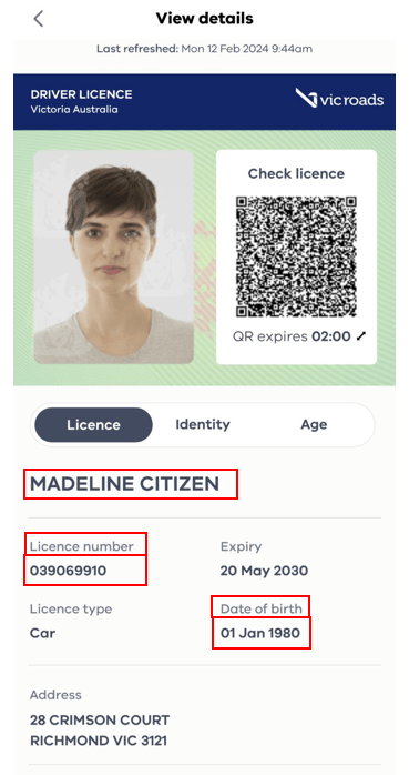 Image of the top part of a digital drivers licence
