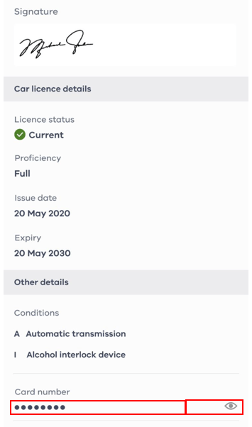 image of the lower part of a digital driver licence