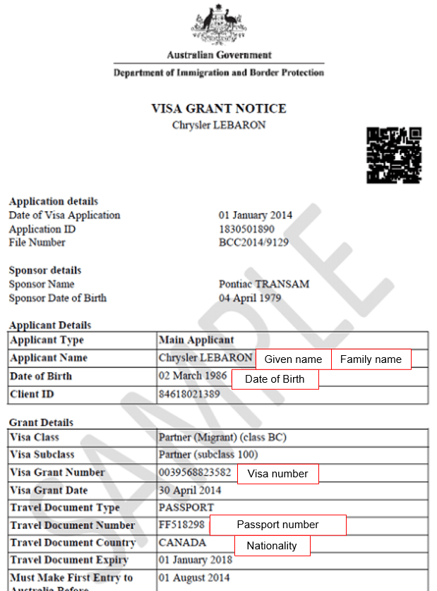 Image shows a Visa grant notice with red boxes highlighting given name, family name, date of birth, visa number, passport number and nationality.