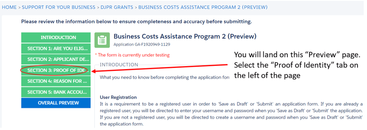 Image shows the Preview page from the application form. A red arrow points to a tab on the left of the page that is circled in red that reads, “Proof of Identity”. The text accompanying the red arrow reads, “You will land on the “Preview” page. Select the “Proof of Identity” tab on the left of the page”.