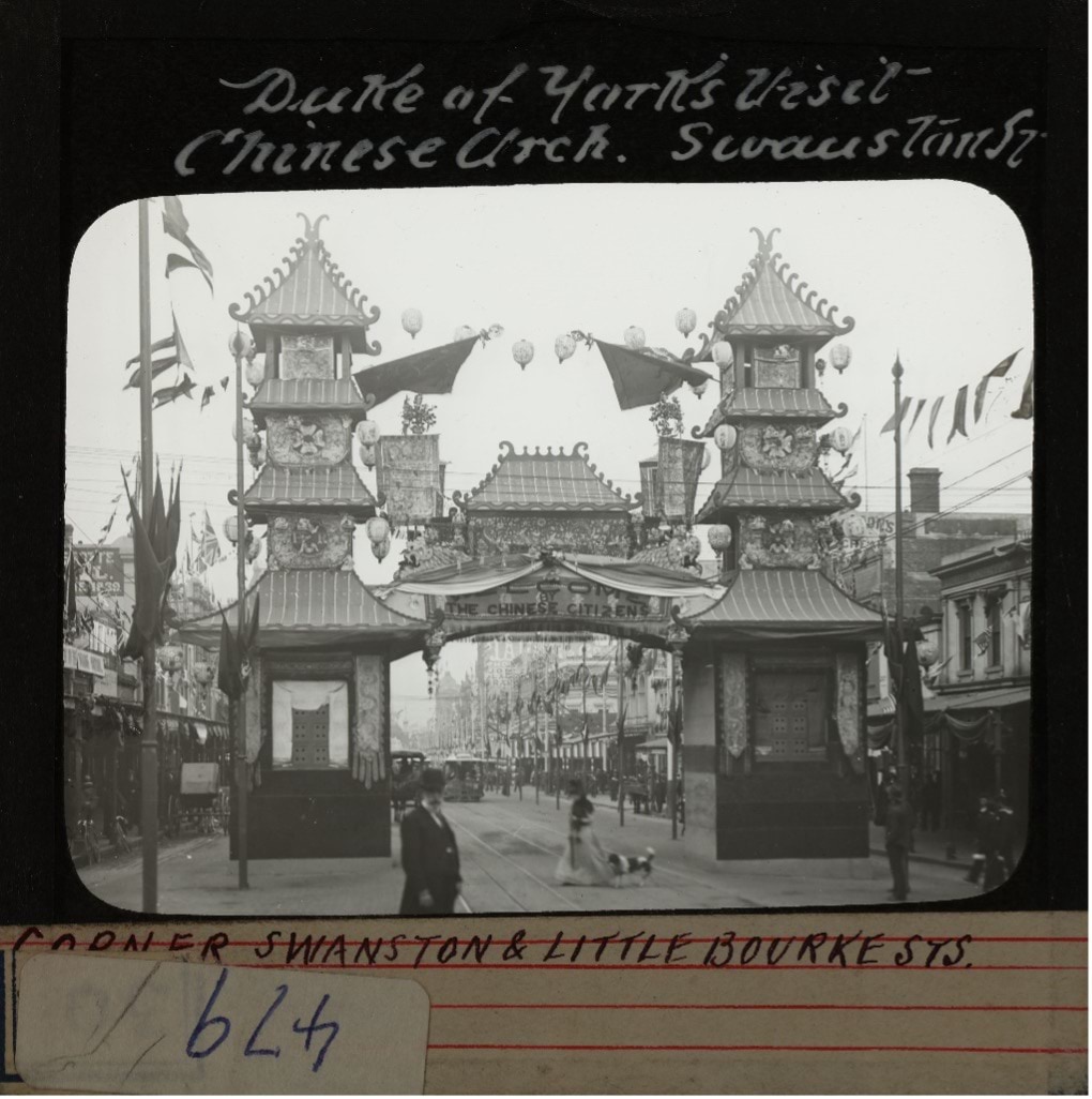 Image of Duke of York's visit, Chinese Arch in Swanston Street