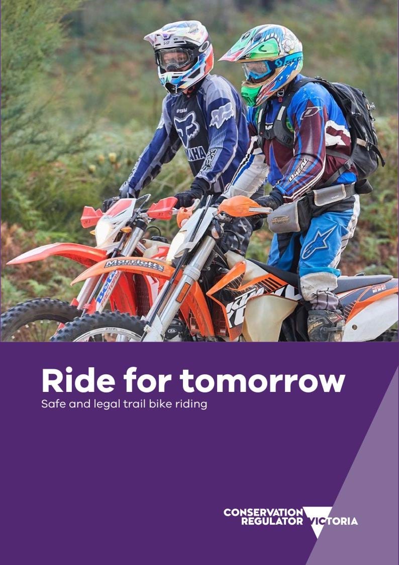 Two riders on their trail bikes. Purple footer with white text reads 'Ride for tomorrow, Safe and legal trail bike riding'
