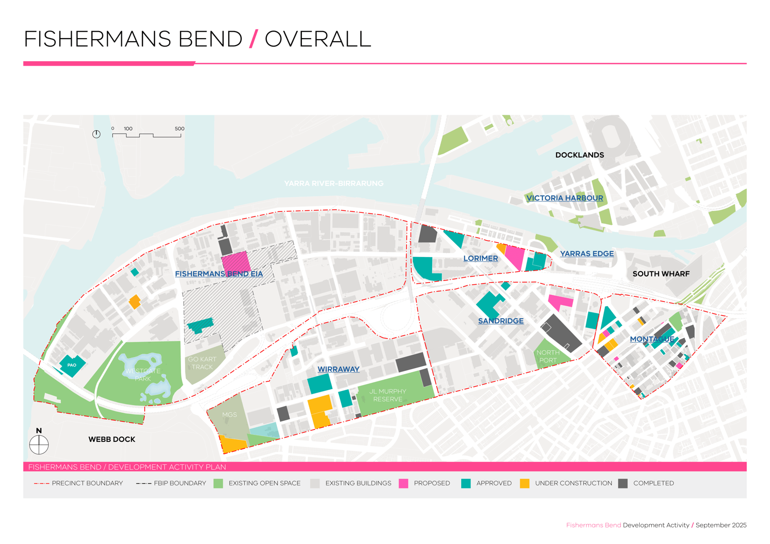 This map contains blocks of land highlighted to show developments (proposed, approved, under construction, or completed) within Fishermans Bend. For details of the map in an accessible format please email fishermansbend@transport.vic.gov.au