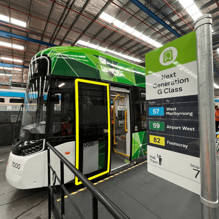 Image of a mockup of the G Class tram in a warehouse