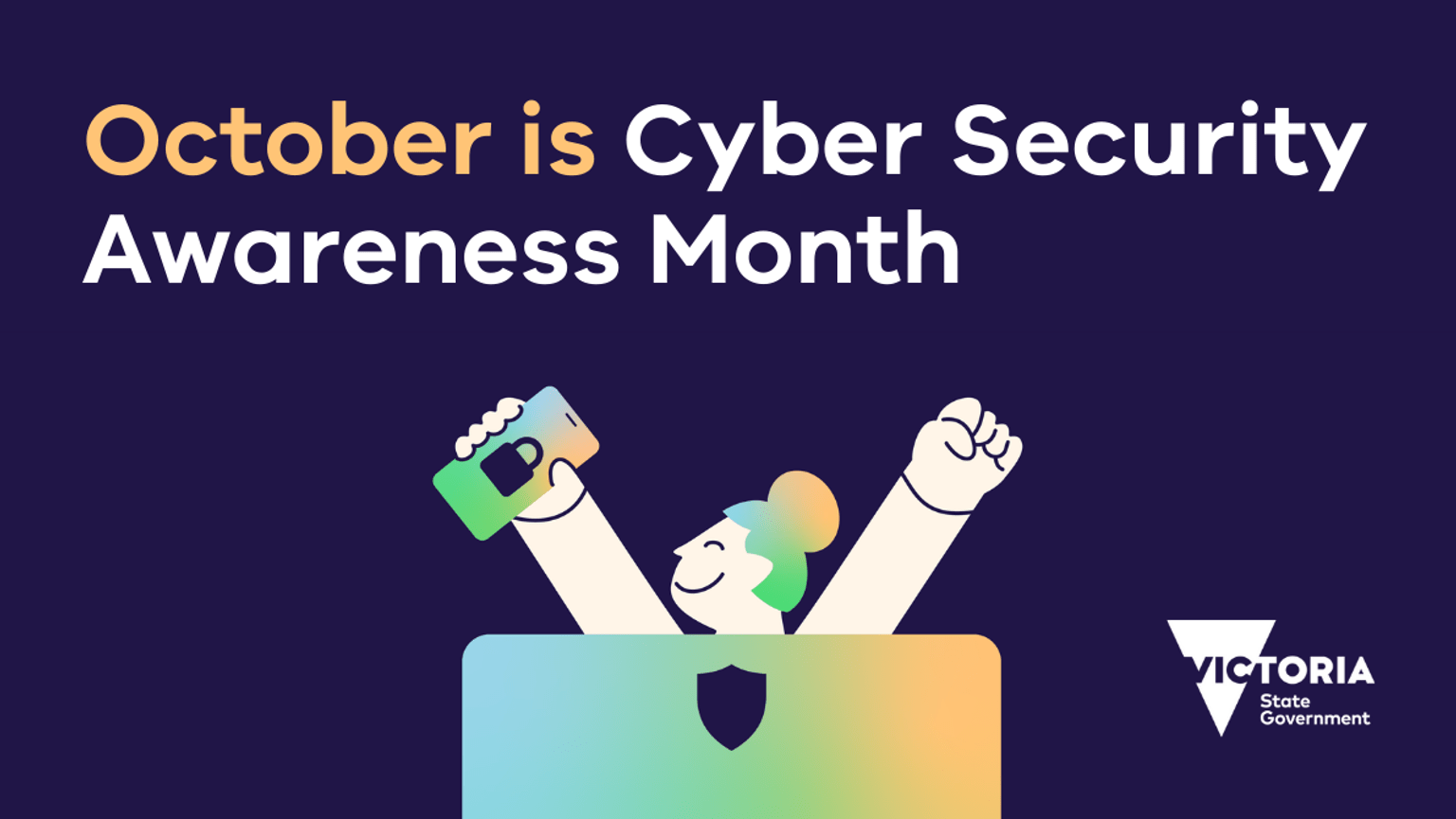 Text says October is Cyber Security Awareness Month with cartoon image of person at computer