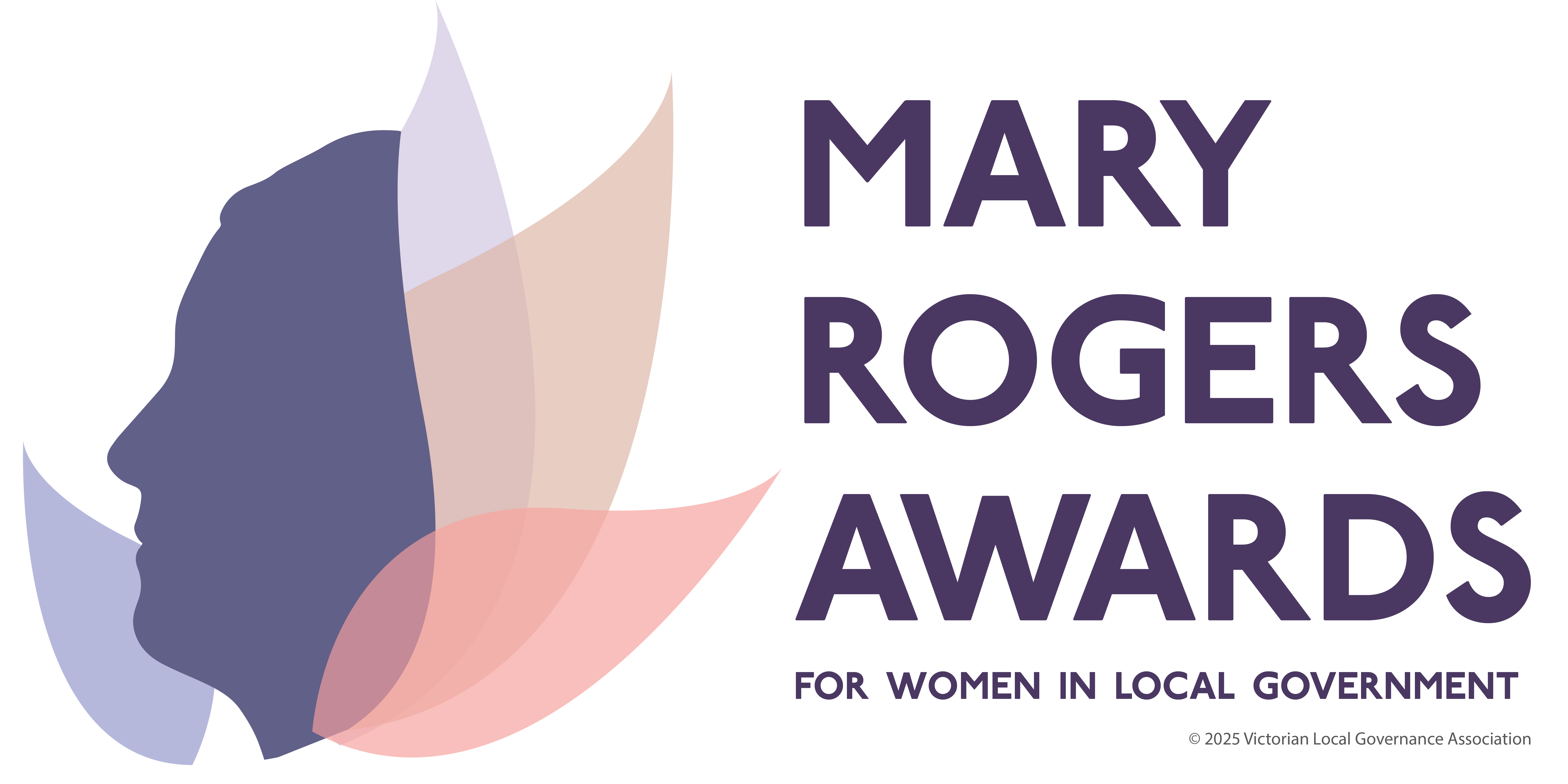 Illustration depicting a purple silhouette of Mary Rogers’ face nestled among coloured leaves representing diversity. ‘Mary Rogers Awards for women in local government’ 