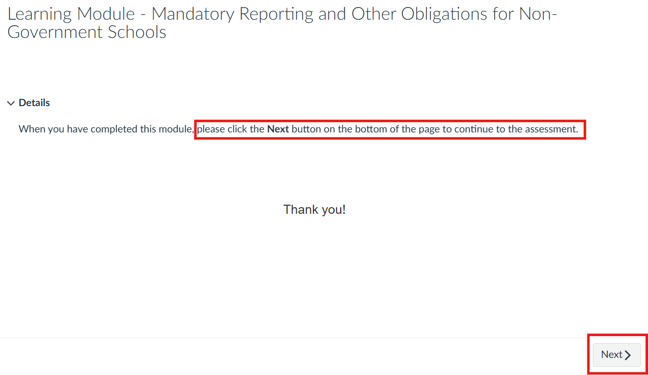 Page shown after completing 'Learning Module - Mandatory Reporting and Other Obligations for Non-Government Schools' instructing users to click 'Next' after completing module.