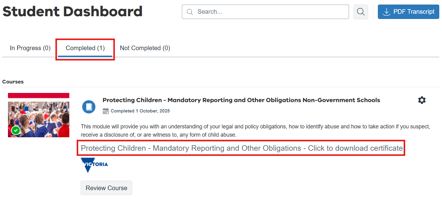 Student Dashboard screen demonstrating course under 'Completed' tab and including link 'Protecting Children - Mandatory Reporting and Other Obligations - Click to download certificate' button.
