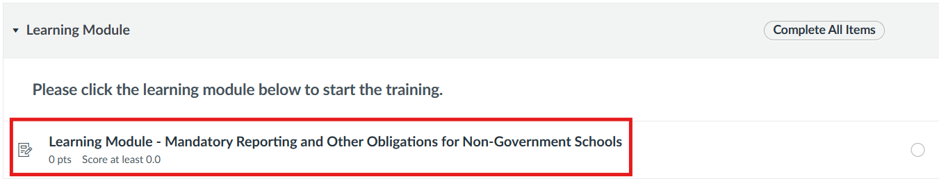Learning Module screen, with link to go to 'Learning Module - Mandatory Reporting and Other Obligations for Non-Government Schools'