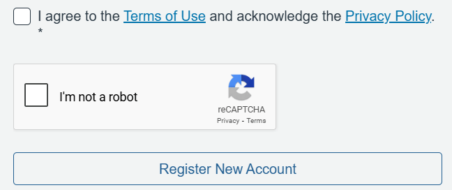 Dialog box prompting users to agree to 'Terms of Use', acknowledge the 'Privacy Policy' and complete the reCAPTCHA in order to register their account.