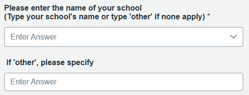 Account creation form with 'Please enter the name of your school' field, prompting users to type their school's name or 'other' if none apply.