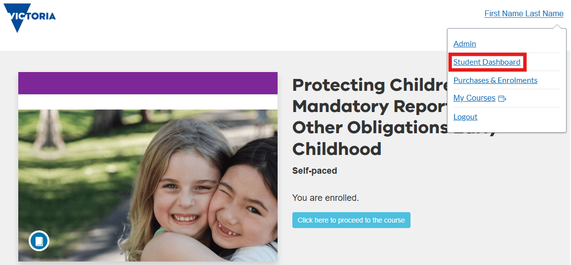 Image of Mandatory Reporting EC student dashboard course page with 'Student Dashboard' button highlighted.